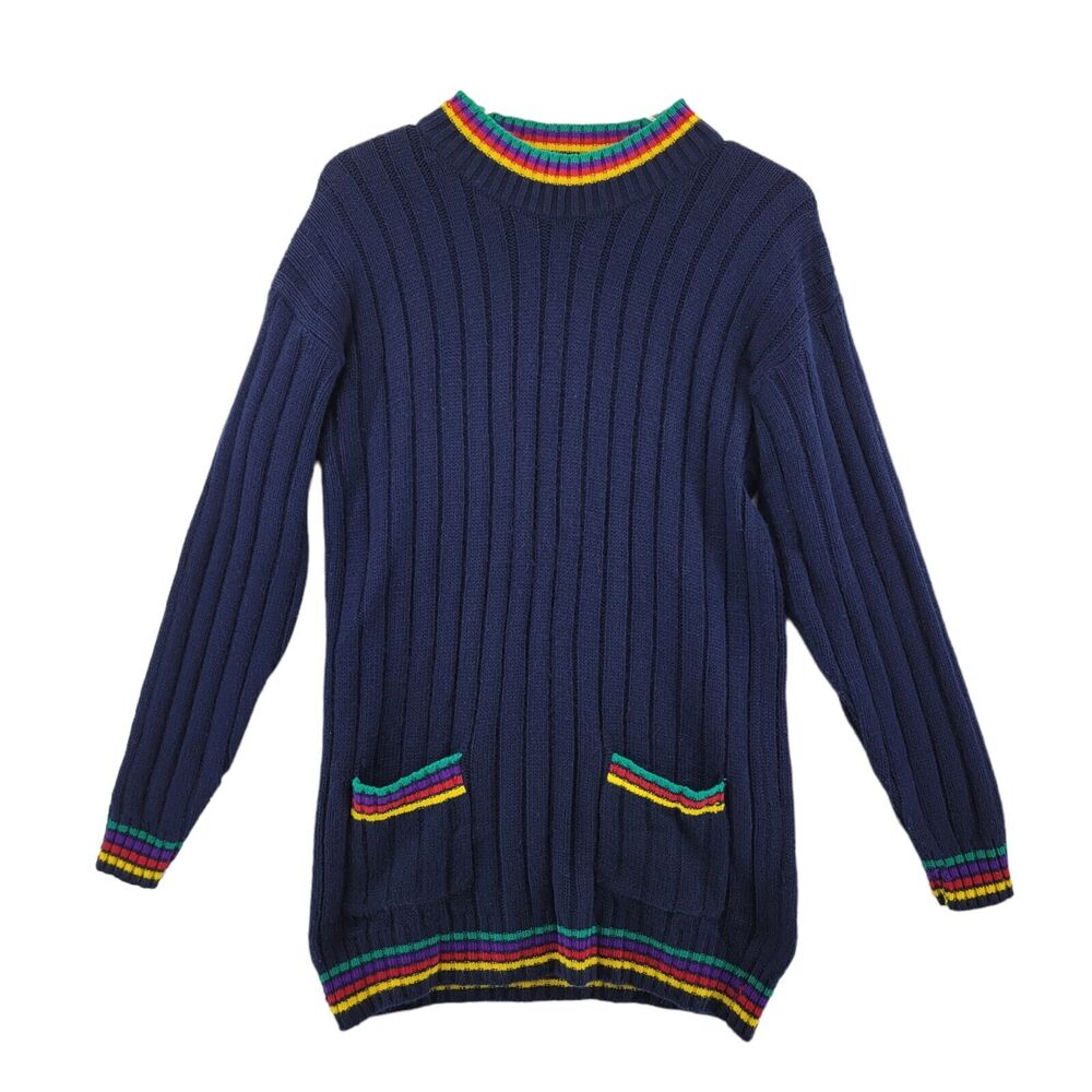 Vintage Women's Tunic Sweater Navy‎ Blue Rainbow Knit Trim Size Medium